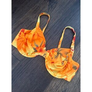 Y2K Liquid Blue Orange Tropical Floral Underwire Bikini Top Glitter Accents XL
